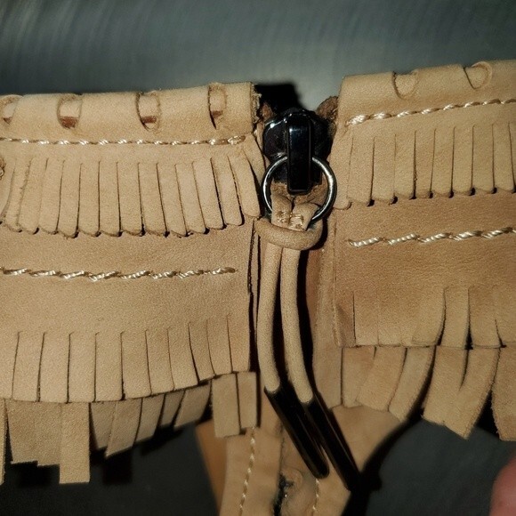 L.A.M.B. Suede Fringe Flat Boho Tan Ankle Strap Side Zip Sandals sz. 7.5 - Picture 4 of 10